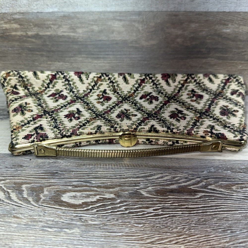 Vintage Petit Point Needlepoint Purse Tapestry Handbag Clutch Bag Floral Gold - Picture 4 of 12